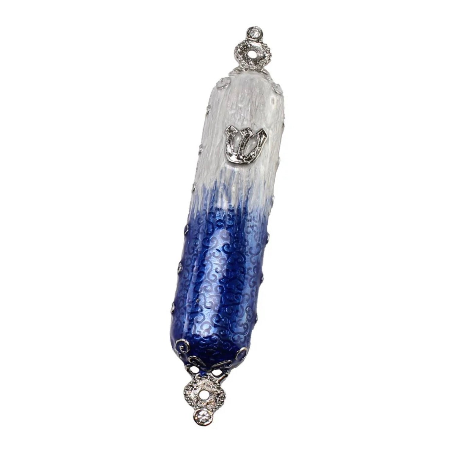 Metal Mezuzah Case Silver Blue and White with Clear Crystals