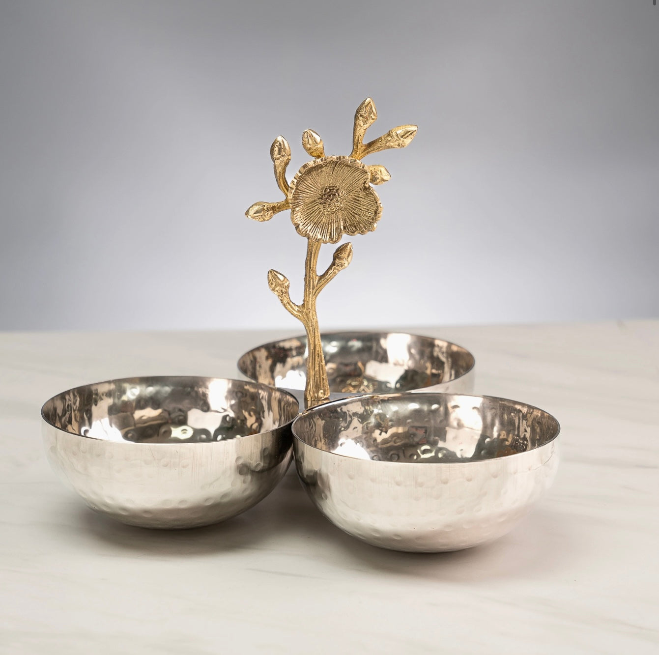 Hammered 3-Section Bowl w/ Gold Floral Handle