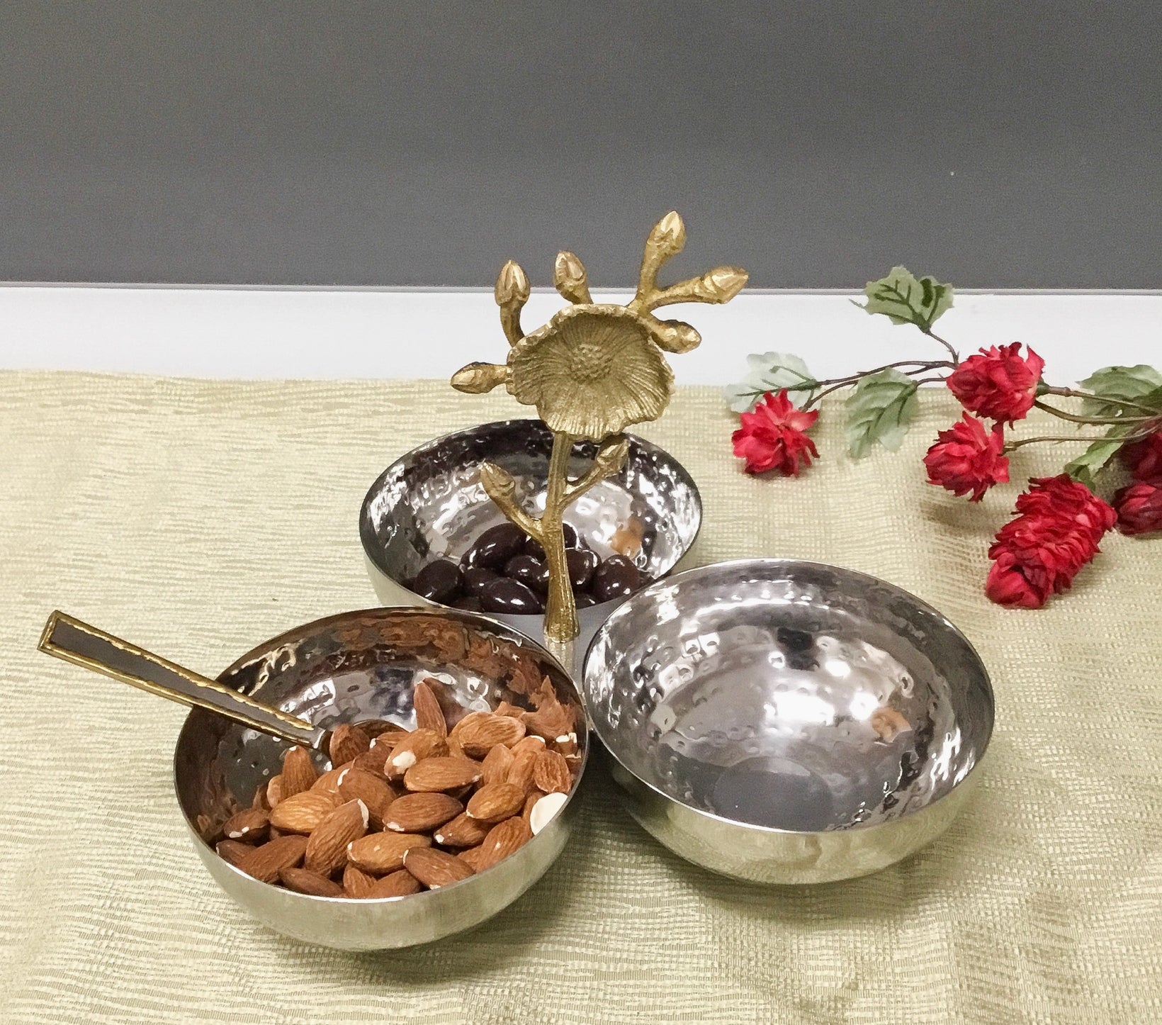 Hammered 3-Section Bowl w/ Gold Floral Handle