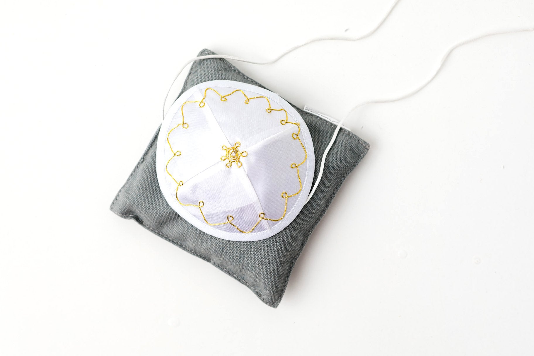 Bris Kippah Satin White with Gold Trim