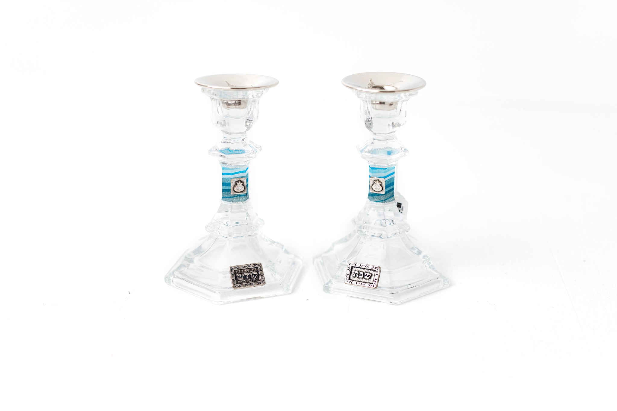 Short Crystal Candlesticks with Shades of Blue and Floral Tray