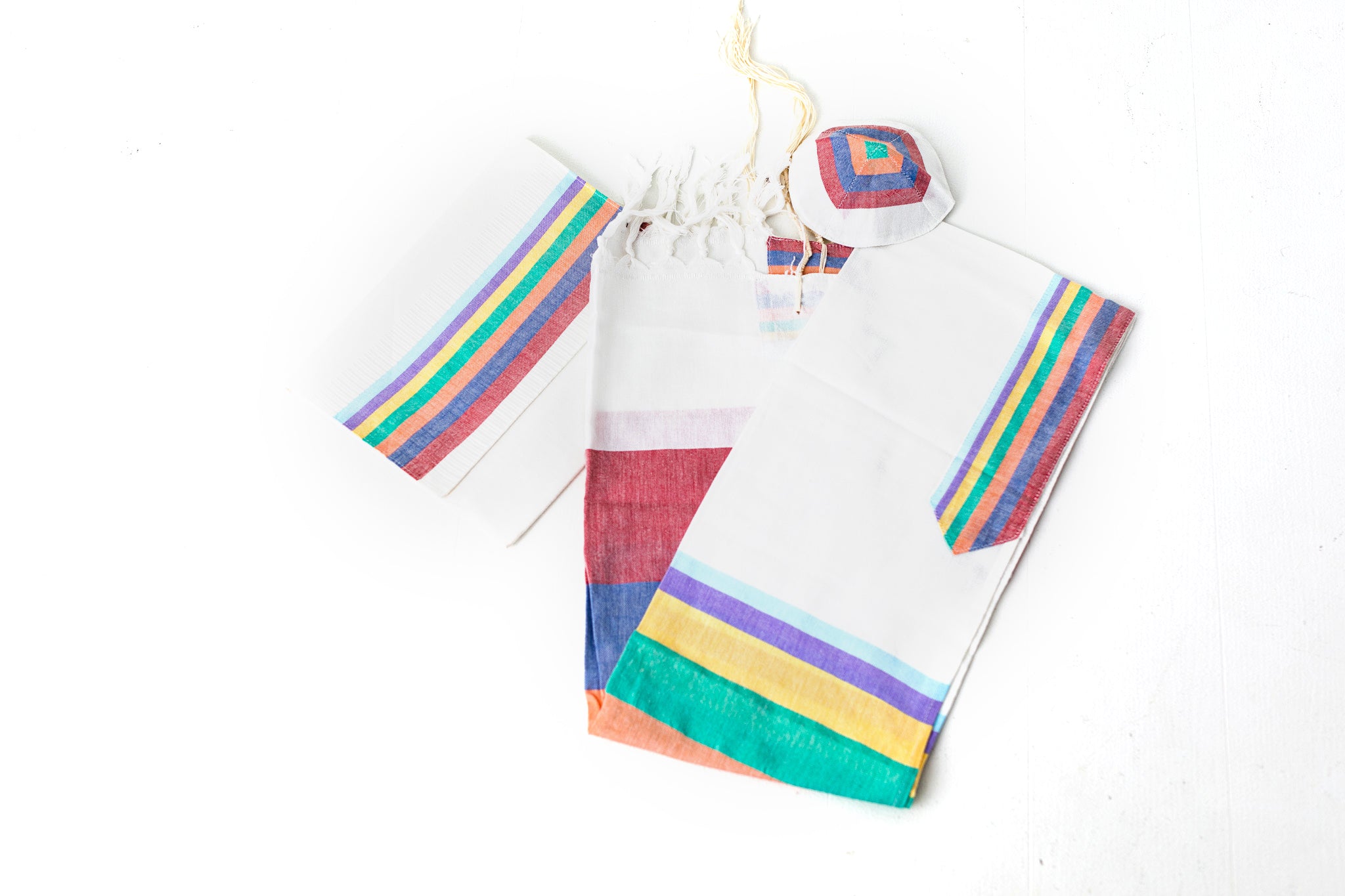 Tallit- White tallit set with multicolored denim stripes