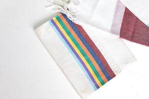 Tallit- White tallit set with multicolored denim stripes