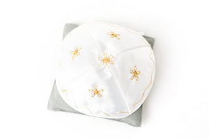 White Satin Kippah with Gold Embroidery