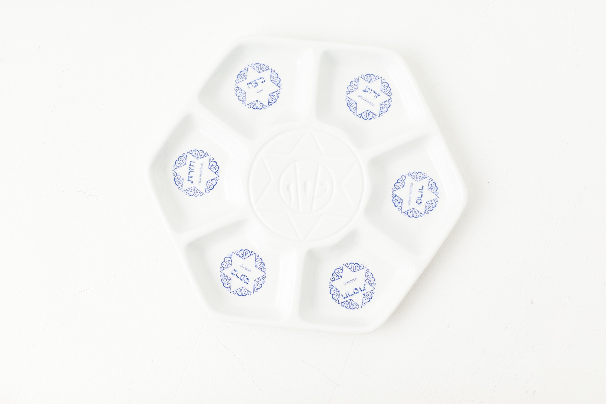 White Ceramic Seder Plate with Blue Accents