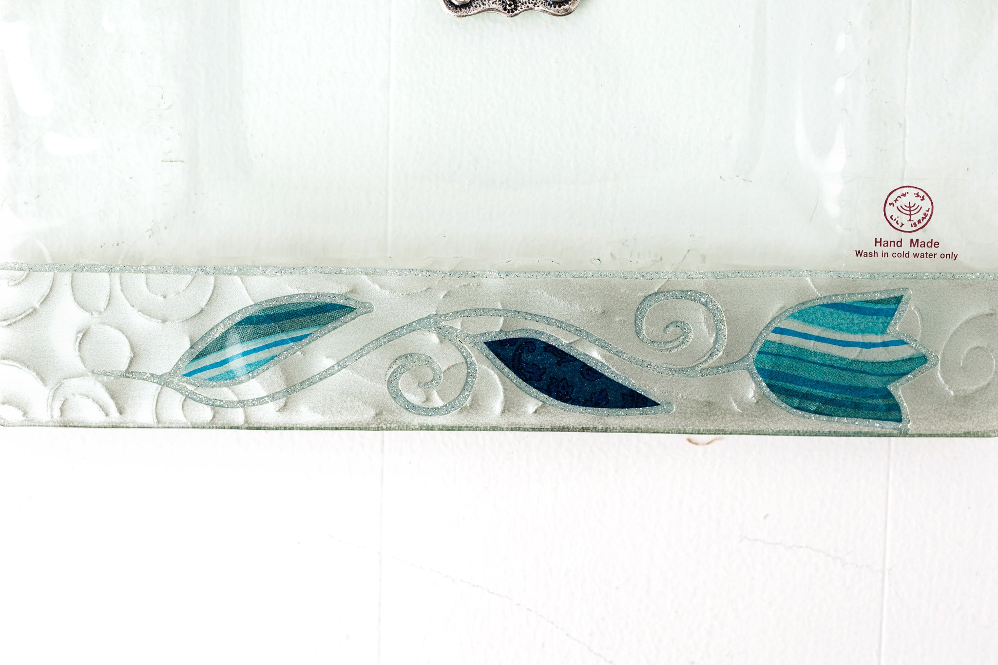 Lily Art Glass Matzah Tray in blue and one in gold
