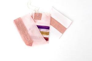 Tallit - Delicate Pink Organza with rich purple, gold and rose ribbons