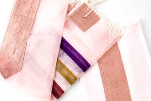 Tallit - Delicate Pink Organza with rich purple, gold and rose ribbons